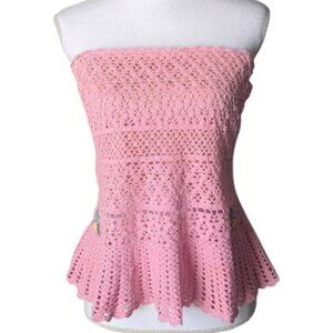 Vintage Y2K Pink Crochet Semi Sheer Floral Strapless Top Size Large Ramie Cotton
